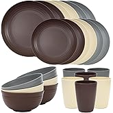 Quatish 24 Piece Plates and Bowls Sets for 6, Unbreakable Dinnerware Sets, Plastic Dish Set for Camping, Dishwasher Microwave Safe, Outdoor Kitchen and Apartment Dinning RV Essentials, Brown