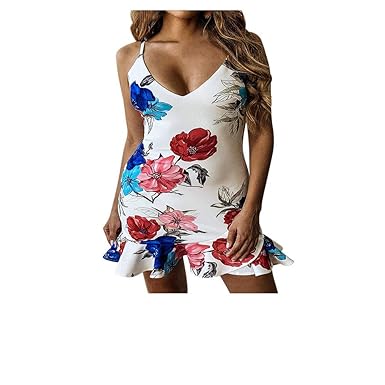 Loolik Kleid,Frauen Sexy Kleid Rüschen Blumendruck MiniKleid V-Ausschnitt Ärmelloses Abendkleid Freizeit