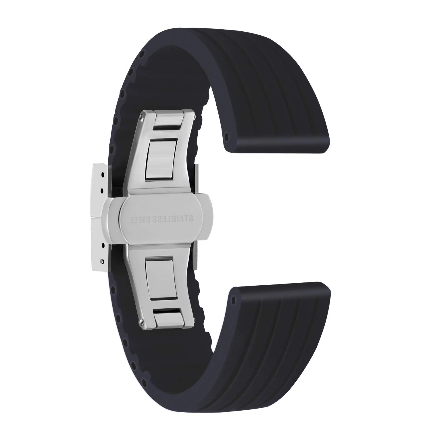 ULLCHRO Silicone Watch Strap Replacement Rubber Watch Band Waterproof Stripe Pattern - 14mm, 16mm, 18mm, 20mm, 22mm, 24mm Watch Bracelet with Stainless Steel Deployment Buckle