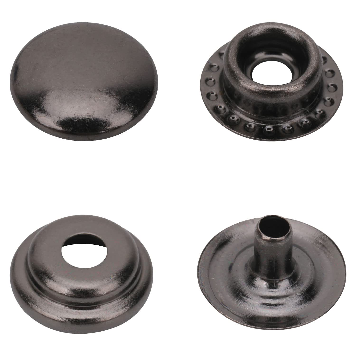 Trimming Shop 15mm Press Studs Snap Fasteners Heavy Duty No-Sew Metal Buttons Four Part Snap Buttons for DIY Leathercrafts Jacket Handbag Belts, Gunmetal, 10pcs