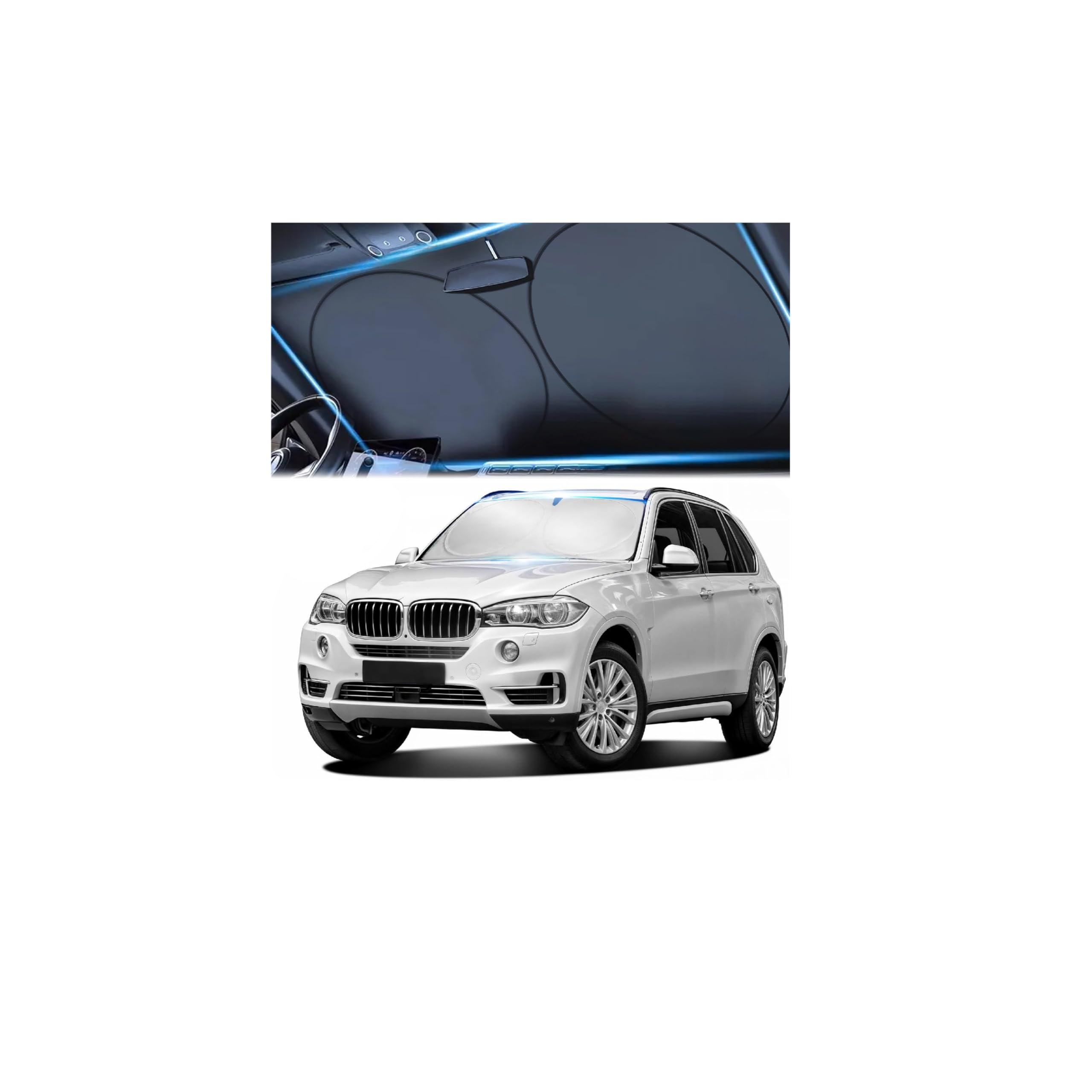 Photo 1 of Windshield Sun Shade, Reflective Sunshade for Car Windshield with Mirror Cut-Out, Blocks 99% UV Rays & Keeps Vehicle Cool, Fits Cars, Trucks, SUVs & Vans, Fade-Resistant, (Medium)
