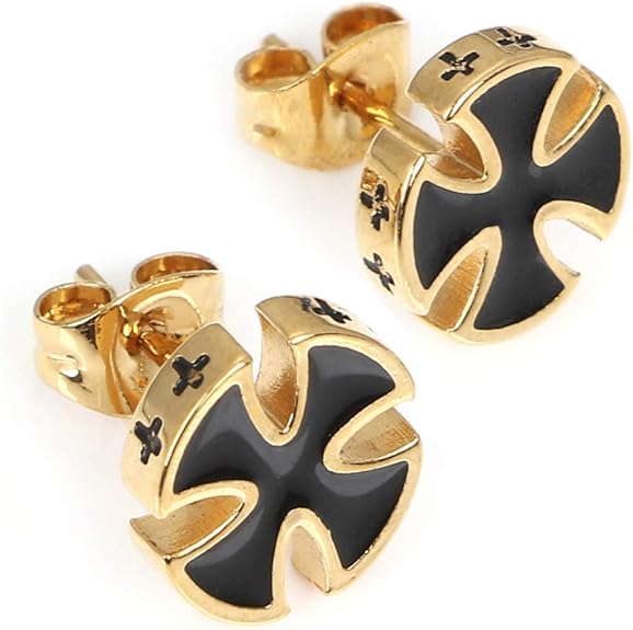 Amazon [レッドダイス] Red Dice ピアス メンズ ブラック 黒 金 ゴールド 銀 シルバー 丸 かっこいい おしゃれ 両耳用 スタッド 丸十字架ピアス (丸十字架 金