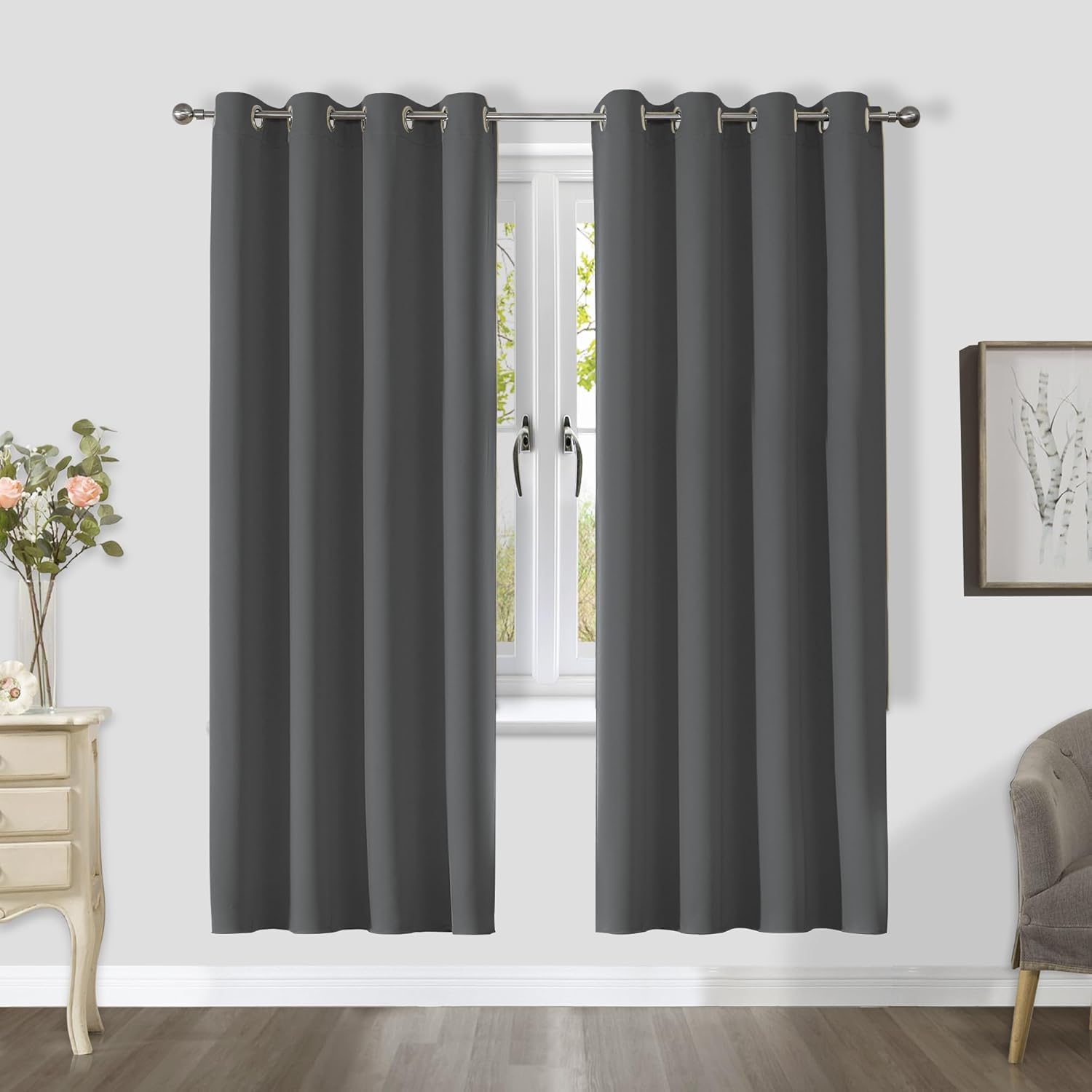 CUCRAF Blackout Curtains for Bedroom, Dark Grey 2 Panels W55 x L69 Inch Drop, Thermal Eyelet for Living Room, Soundproof Room Dividers