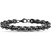 True Religion 8mm Wide 8 Inch Rolo Chain Bracelet for Men Black Rhodium Plated Stainless Steel