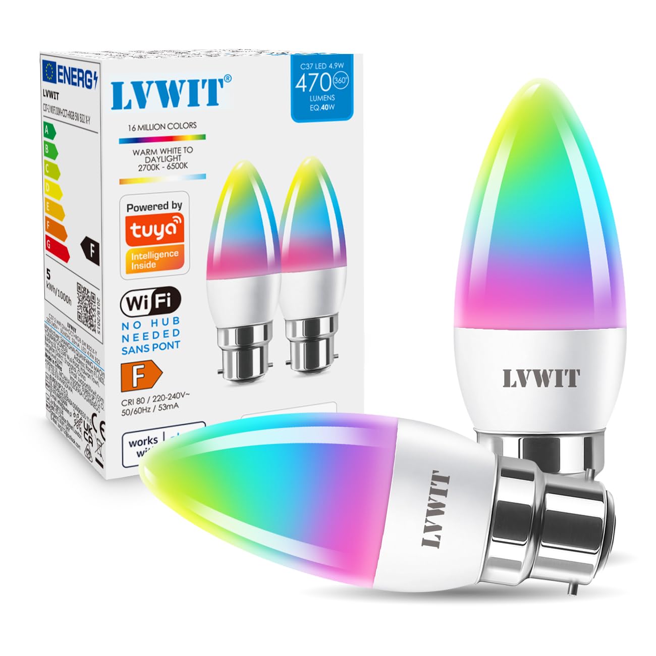 LVWIT B22 Smart Candle Bulb Bayonet, RGB Color B22 Dimmable Bulbs,Music Sync WiFi Bulbs, 470Lm, 4.9W Compatible with Alexa, Echo and Google Home, Smart Candle Light Bulbs (Pack of 2)