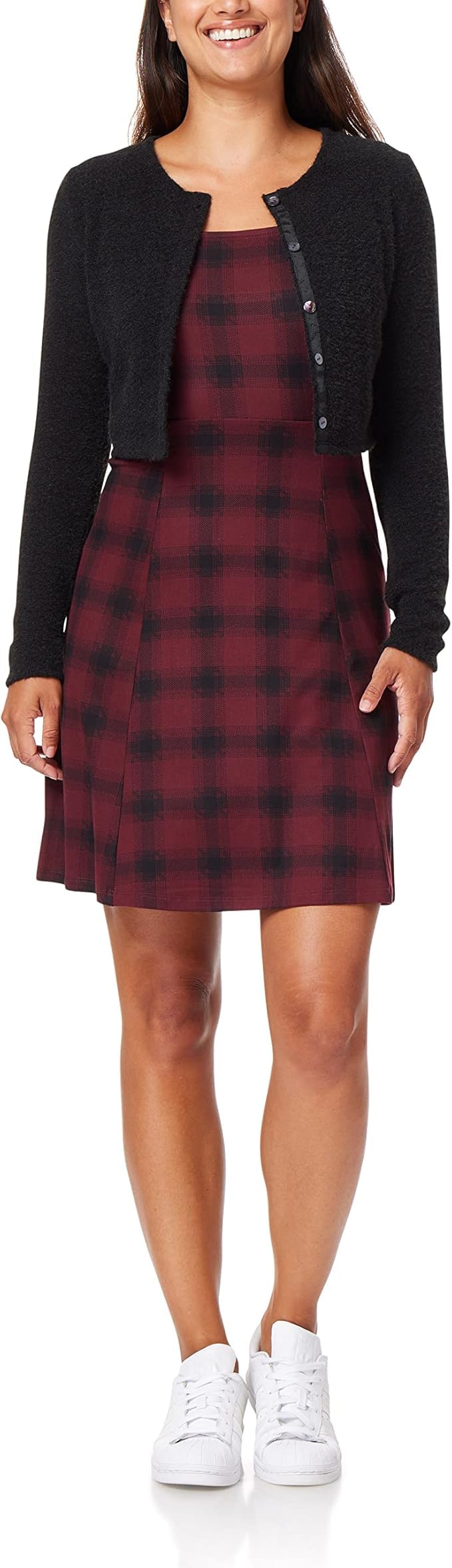 Photo 1 of WallFlower Women's Plus Size 2-Piece Sweater and Dress Set, Elegant Teacher Looks, Burgundy and Black Plaid, Black Cardigan, 3X