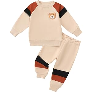 KIMI BEAR Toddler Baby Boy Clothes Color Block Long Sleeve Sweatshirt Tops + Pants Fall Winter Outfits 2 Piece Set
