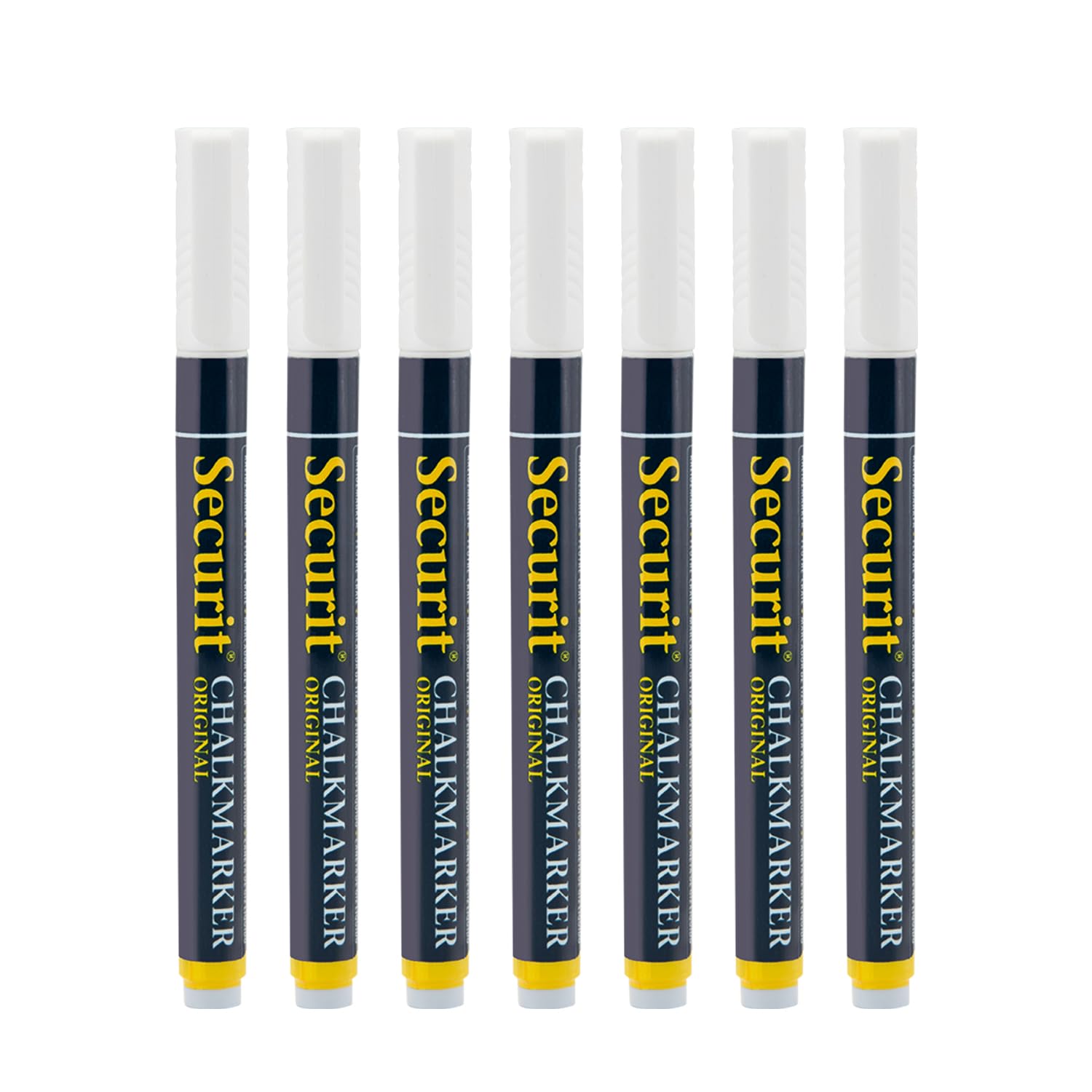 Securit Original Chalk Marker Pen Blister Pack, 1-2mm Nib Pack of 7 - White, Liquid Chalk Pens, Whiteboard Markers, Chalk Pens for Blackboard, White Erasable Pens
