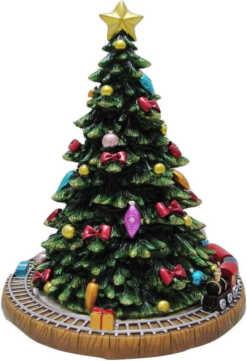 christmas tree with train around it