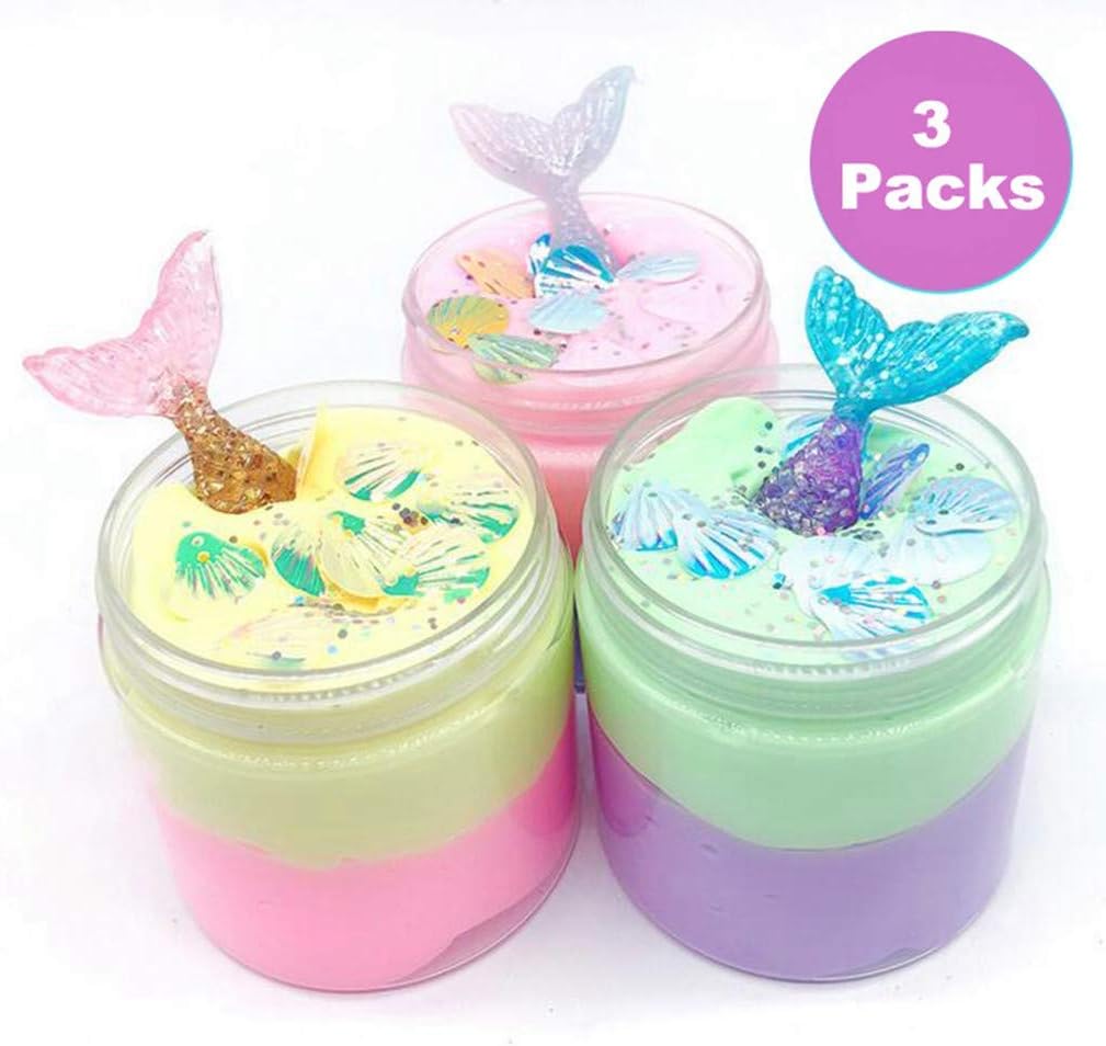 HANMUN Fluffy Slime Mermaid Slime 3 Pack 2019 Handmade Stress Relife Toy with Sealed Storage Container for Kids & Adults Fluffy Floam Putty Package …