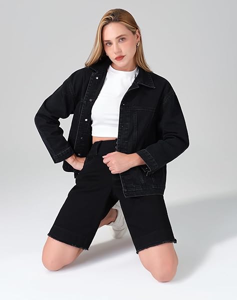 ROSWEAR WOMEN’S DENIM JACKETS OVERSIZED BUTTON LONG SLEEVE WASHED JEAN TRUCKER JACKET WITH POCKETS BLACK X-LARGE