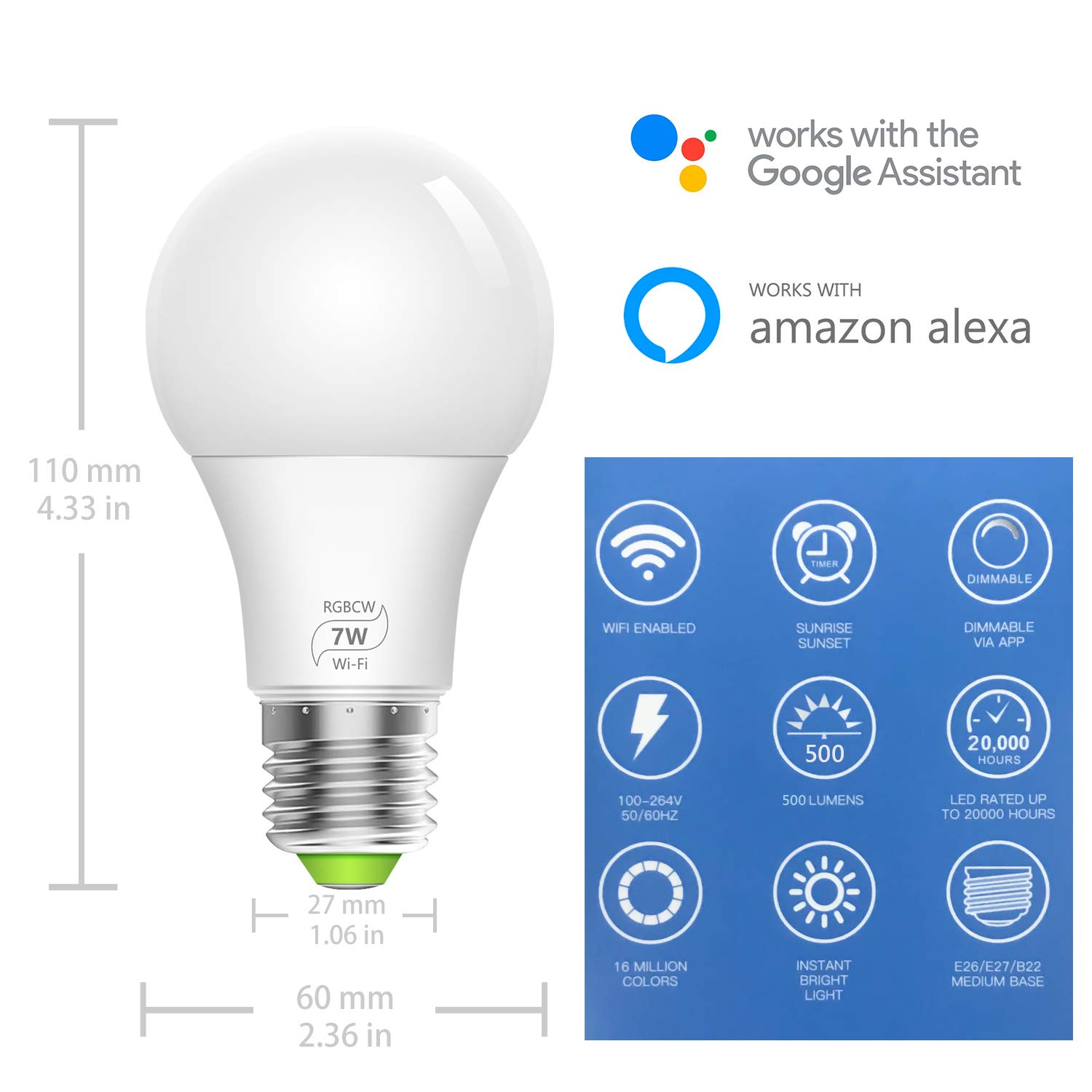 WiFi Dimmable Smart Light Bulb- Bistee Smart WiFi Bulb E26 7W RGBW Dimmable Smart Color Light Bulb with Remote Control 500 lm Compatible with Alexa Google Home,No Hub Required, 2 Pack LED Bulbs