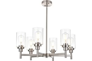 VINLUZ 6 Light Contemporary Chandelier Brushed Nickel Modern Pendant Lighting Cylinder Clear Glass Shaded Classic Ceiling Light Fixtures for Living Room Dining Room Kitchen