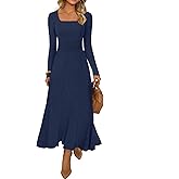 MEROKEETY Women's Sweater Dress 2025 Fall Winter Casual Long Sleeve Square Neck Pleated Church Work Knit Midi Dresses