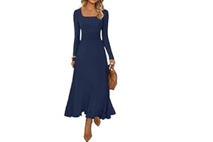 MEROKEETY Women's Sweater Dress 2025 Fall Winter Casual Long Sleeve Square Neck Pleated Church Work Knit Midi Dresses