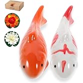 Ceramic Floating Koi Fish【china Glaze Craftsmanship】Pond Decor Ceramic Floating Fake Fish Goldfish Koi Decor for Floating Pond Fountain Birdbath Fake Aquarium Decor ( 2PCS Fish &amp; 2PCS Lotus Flower)