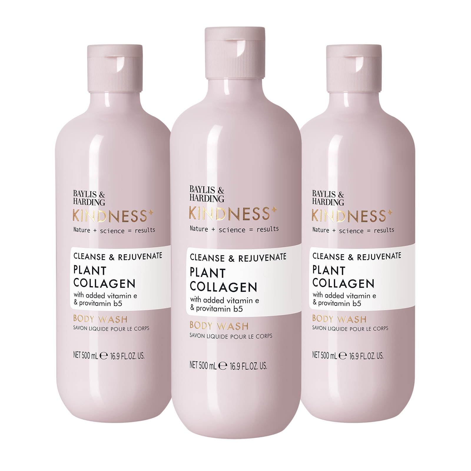Baylis & Harding Kindness + Plant Collagen, Rose Water & Coconut Milk Fragrance, 500 ml Cleanse & Rejuvenate Body Wash (Pack of 3) - Vegan Friendly