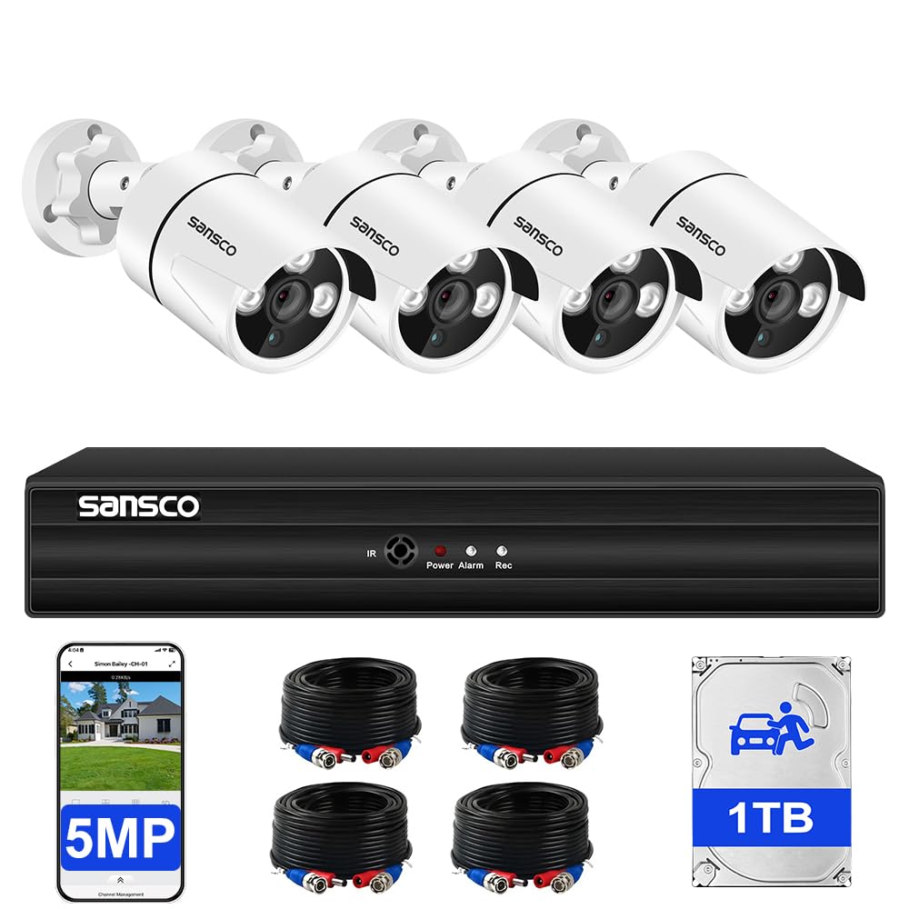 SANSCO 5MP 8 Channel Wired CCTV Security Camera System, 8CH DVR with 1TB Hard Drive, 4x 3K Home Outdoor Surveillance Cameras, Color Night Vision, Audio Recording, Human Face Vehicle Detection, P2P