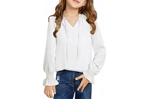 DOKOTOO KIDS Girls Cute Long Sleeve Chiffon Blouses 2025 Casual V Neck Smocked Cuffs Shirts Tops 7-15 Years