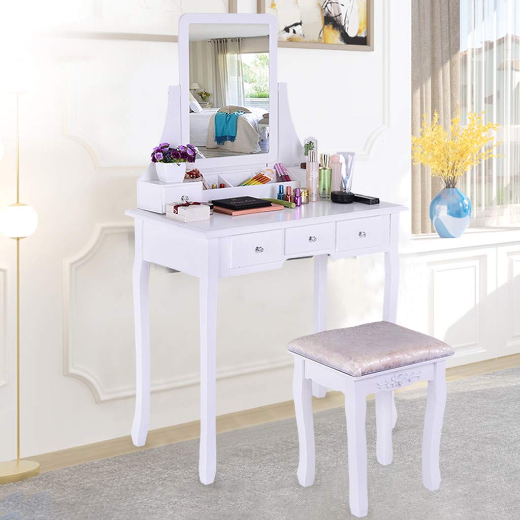 Vanity Set With Flip Top Mirror Makeup Dressing Table Writing Desk With 2 Drawers Cushioned Stool 3 Removable Organizers Easy Assembly Amazon In Home Kitchen