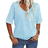 Tankaneo Women's Summer Fashion V-Neck Half Sleeves T Shirt Solid Casual Loose Basic Tunics Tops