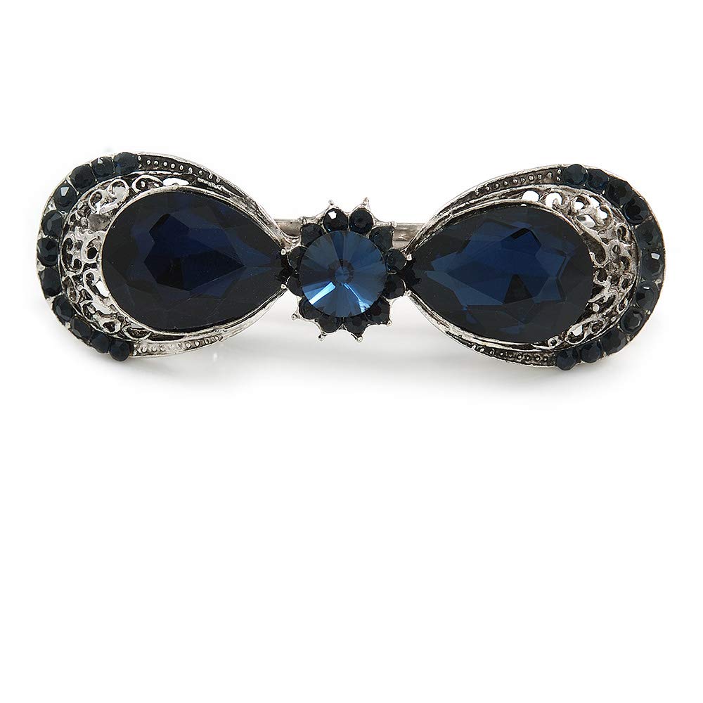 Small Vintage Inspired Midnight Blue Crystal Bow Barrette Hair Clip Grip In Aged Silver Finish - 60mm Across