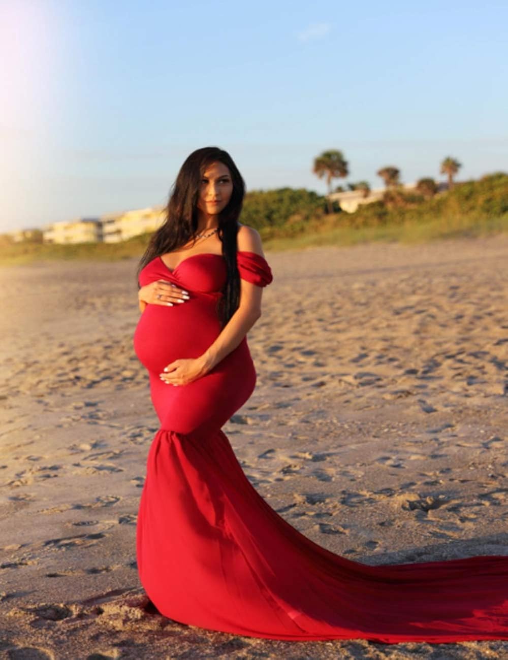JustVH Maternity Off Shoulder Chiffon Gown Maxi Photography Dress for Photo Shoot Photo Props Dress Burgundy at  Women’s Clothing store