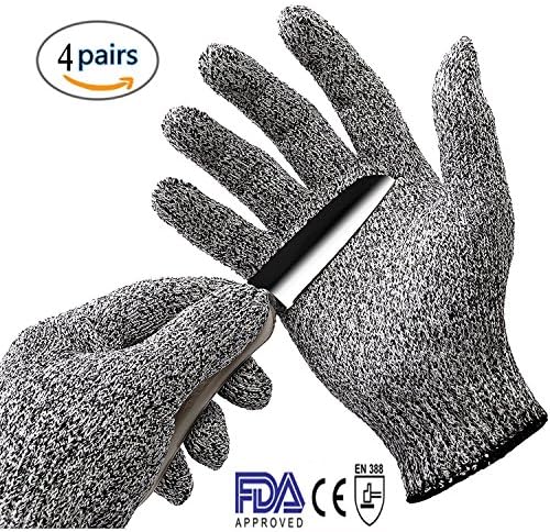 Amaxom Cut Resistant Gloves - High Performance Level 5 Protection, Food Grade, EN388 Certified, Safty Gloves for Hand Protection and Yard-work, Kitchen,4 Pairs (Large).