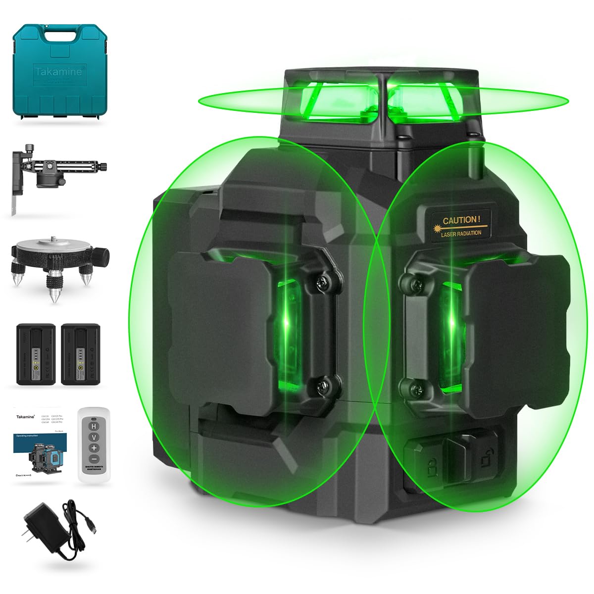 Takamine 12 lines 3D Self-Leveling laser level Pro,3x360 Green Cross Line with Burst flash mode and brightness adjustment, Remote Controller, Magnetic Rotating Stand Included