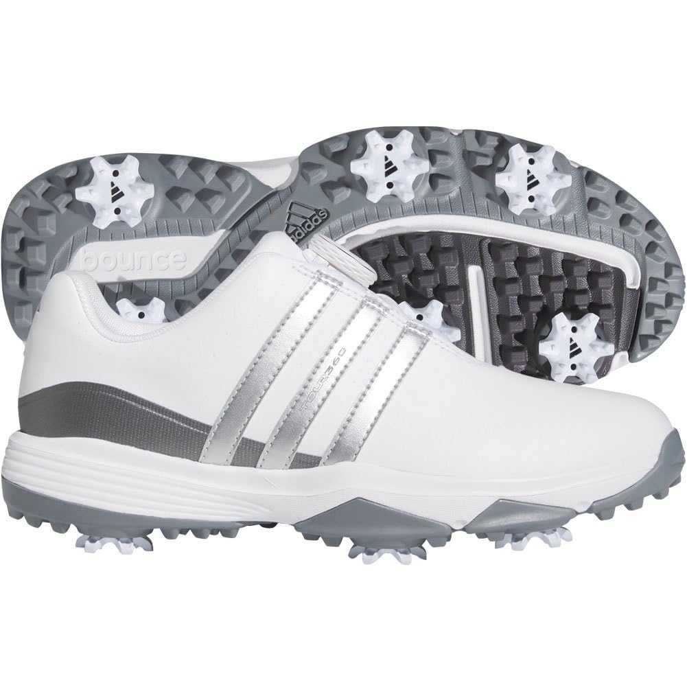 Photo 1 of **SHOWS SIGNS OF HEAVY USAGE** adidas Youth Tour360 24 BOA Golf Shoes, Footwear White/Silver Metallic/Iron Metallic, 2.5 Kids
