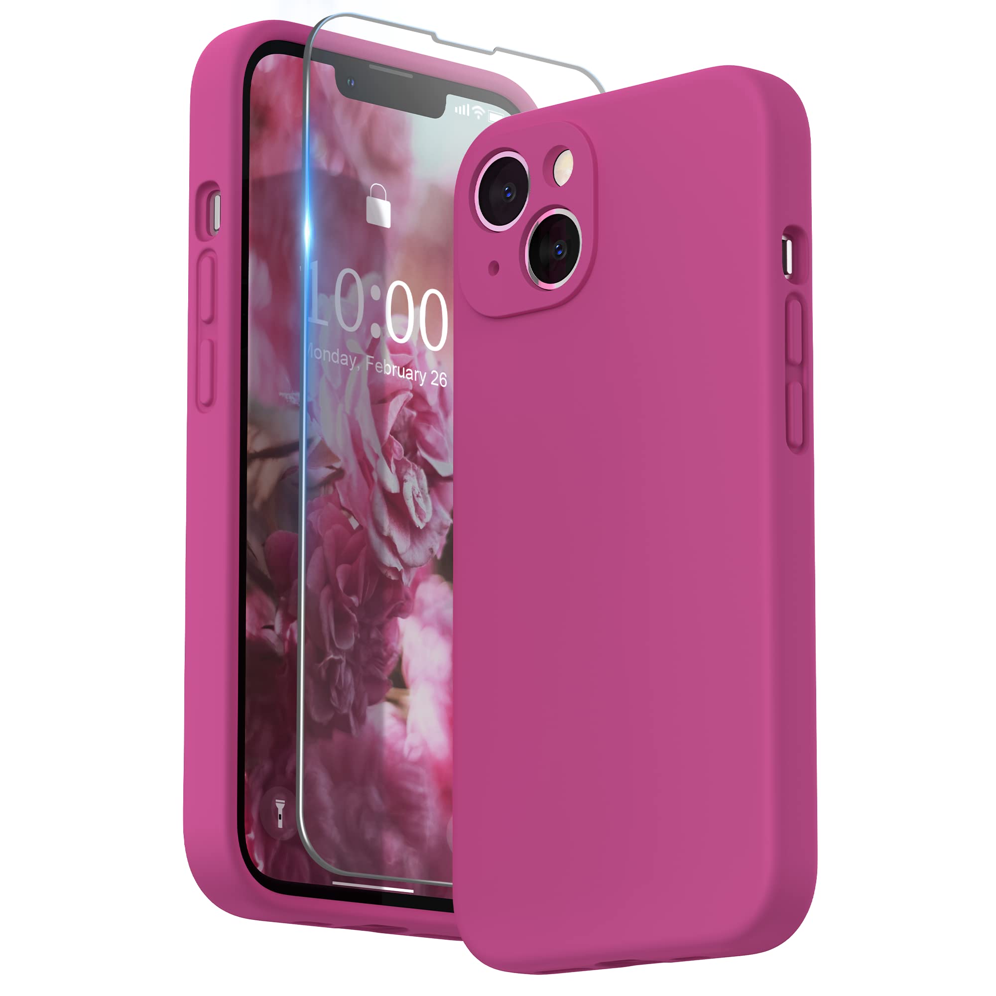 SURPHY Compatible with iPhone 13 Case with Screen Protector, Liquid Silicone Protection for Each Lens Shockproof Thickened Rubber Cover for iPhone 13 6.1 inch 2021, Hot Pink — image 1