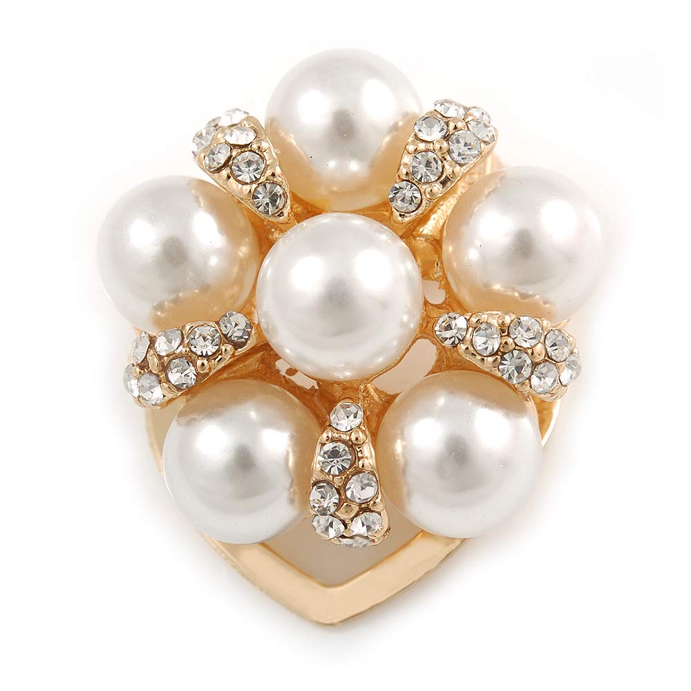 Diamante Faux Pearl Flower Scarf Pin/Brooch In Gold Tone - 30mm D