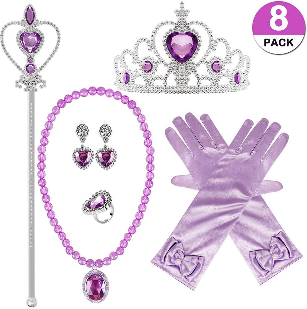 Bonallo 6PCs Princess Dress Up Accessories Set for Sofia Rapunzel Crown Scepter Necklace Earrings Gloves Ring