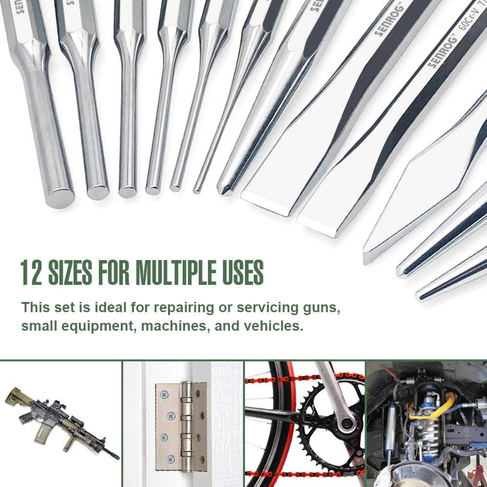 SENROG 12-Piece Punch and Chisel Set, Including Pin Punch, Cold Chisel, Taper Punch, Center Punch, Carrying Case, Widely Used in Factories, Repair Shops, Home