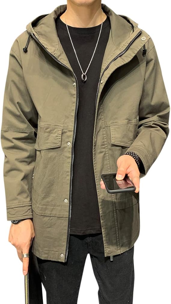 Amazon Yffushi ウインドブレーカー メンズ 大きいサイズ ジャケット 秋冬 メンズ コート ロング カジュアル 無地 ブラック グリーン コート ジャケット 通販