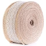 HUJI Natural Jute Burlap with Lace Ribbon for Arts Crafts Wedding Cake Rustic Decorations (10 yd, 2" Beige & White Lace)