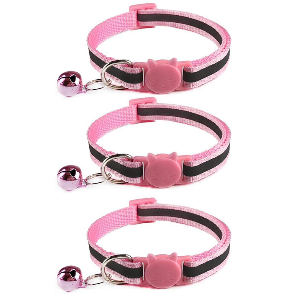 Tafeiya 3x Reflective Design Adjustable Cat Collars More Safety Quick Release Safety Buckle with Bell (Pink)