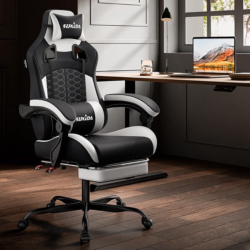Silla ergonómica para Videojuegos, de Oficina, de Piel sintética, con reposacabezas, ergonómica, con Soporte Lumbar, hasta 150 kg — foto 2 de 8