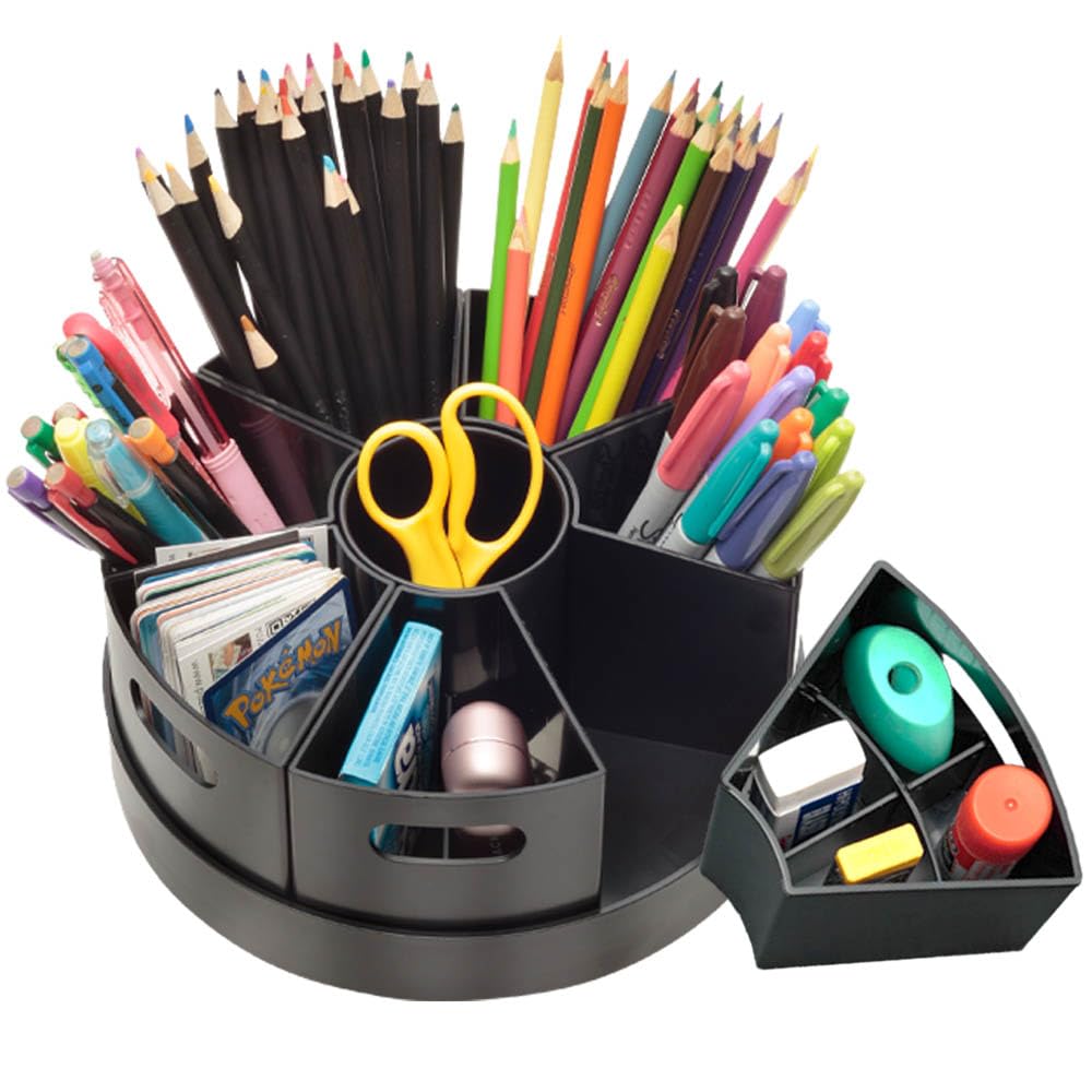 PUZZLE EZ Black Rotating Desk Organizer Lazy Susan Caddies for Home School Office Supplies, Pens, Markers and Art Supplies for Classroom