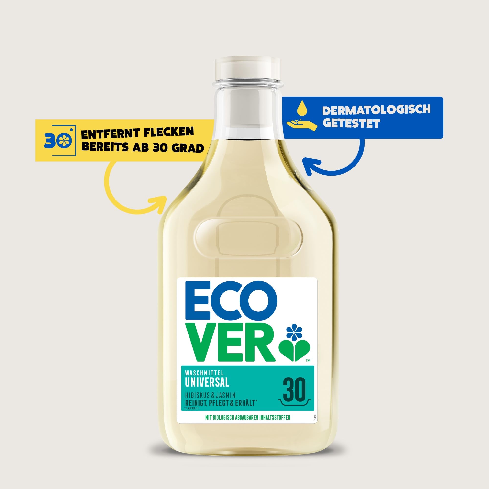Ecover Waschmittel Universal Hibiskus & Jasmin (5L/100 Waschladungen), Flüssigwaschmittel mit pflanzenbasierten Inhaltsstoffen, pflegendes Vollwaschmittel für Erhalt und Schutz der Kleidung 4