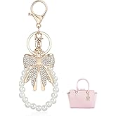 2 Pcs White Rhinestone Bowknot Keychain Sparkly Bow Purse Charm Bag Imitation Pearl Chains Cute Coquette Aesthetic Accessories for Handbag Backpacks Charms Keychain Women Wedding Birthday Gift