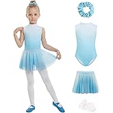 JiAmy Girls Ballet Leotards 4 Pcs with Removable Skirt Gradient Color Dance Dress Outfit Combo Tights Scrunchy 4-12Y