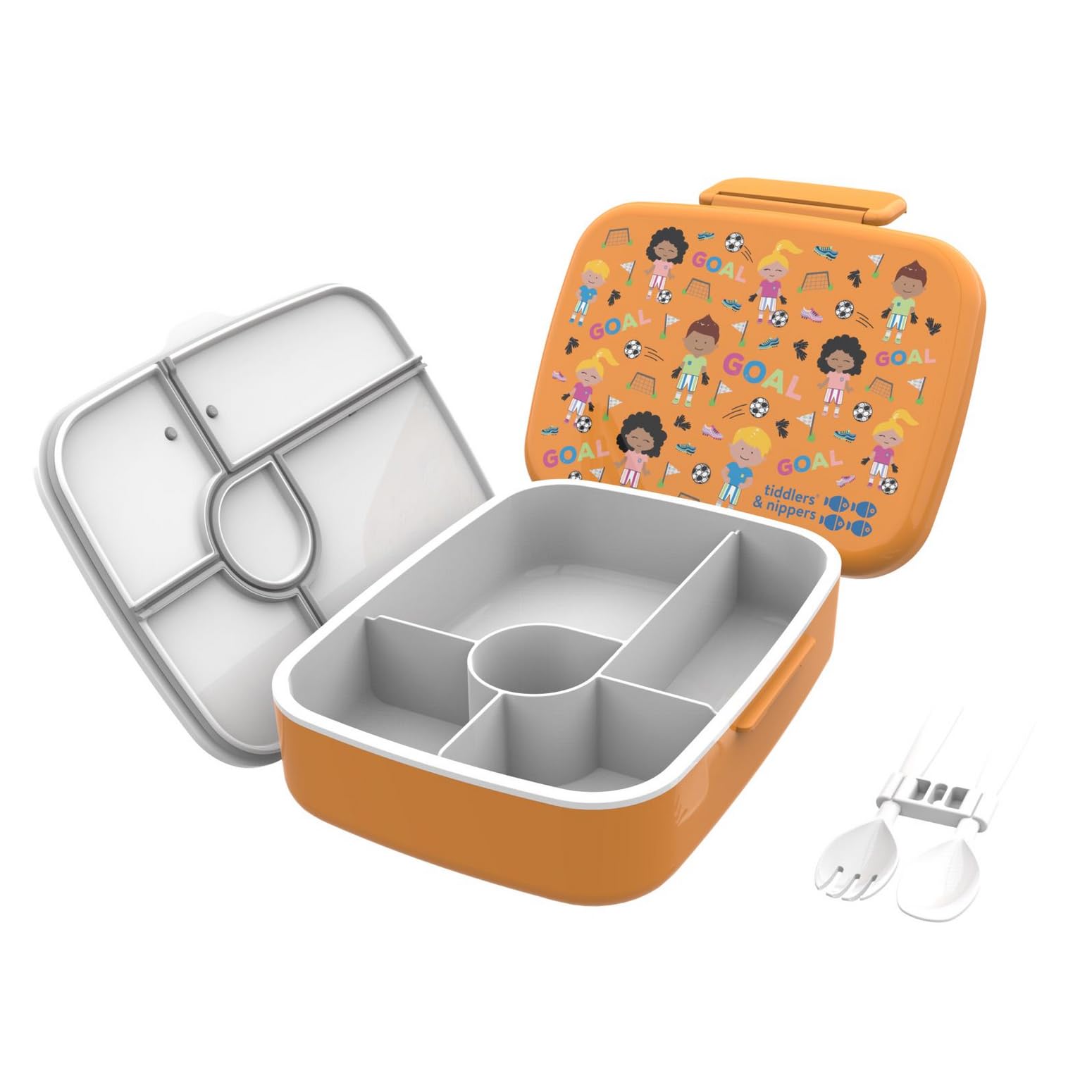 tiddlers & nippers 5 Compartment Lunch/Bento Box for Kids & Adults! | Includes Reusable Cutlery - Fork & Spoon | Leak-Proof & BPA-Free | Microwave, Freezer & Dishwasher Safe (Football Fun)