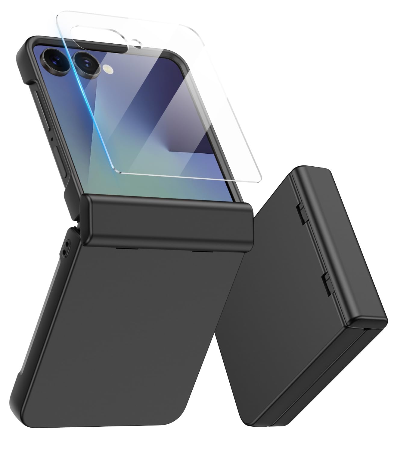 Photo 1 of MAKAVO for Samsung Galaxy Z Flip 7 Case, Built-in Outer Screen Protector & Hinge Protection, Z Flip7 Slim Fit Hard Full Body Shockproof Phone Cover, Black