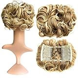 FESHFEN Short Messy Curly Hair Bun Piece Up Do Drawstring Ponytail Hair Extensions Chignon Hair Comb Clip Scrunchy Scrunchie-27T613 Strawberry Blonde & Bleach Blonde Ombre