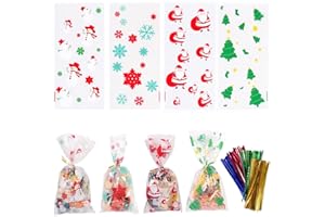 Hifunwu 120 Pack Christmas Cellophane Bags Christmas Treat Bags with Twist Ties for Cookie Candy Christmas Party Supplies