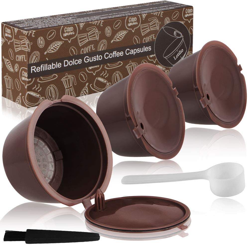Coffee Reusable Refillable Pods 3 pcs, Dolce Gusto Machines Coffee Pod Compatible Filter Cups BPA Free with 1 Plastic Spoon and 1 Cleaning Brush