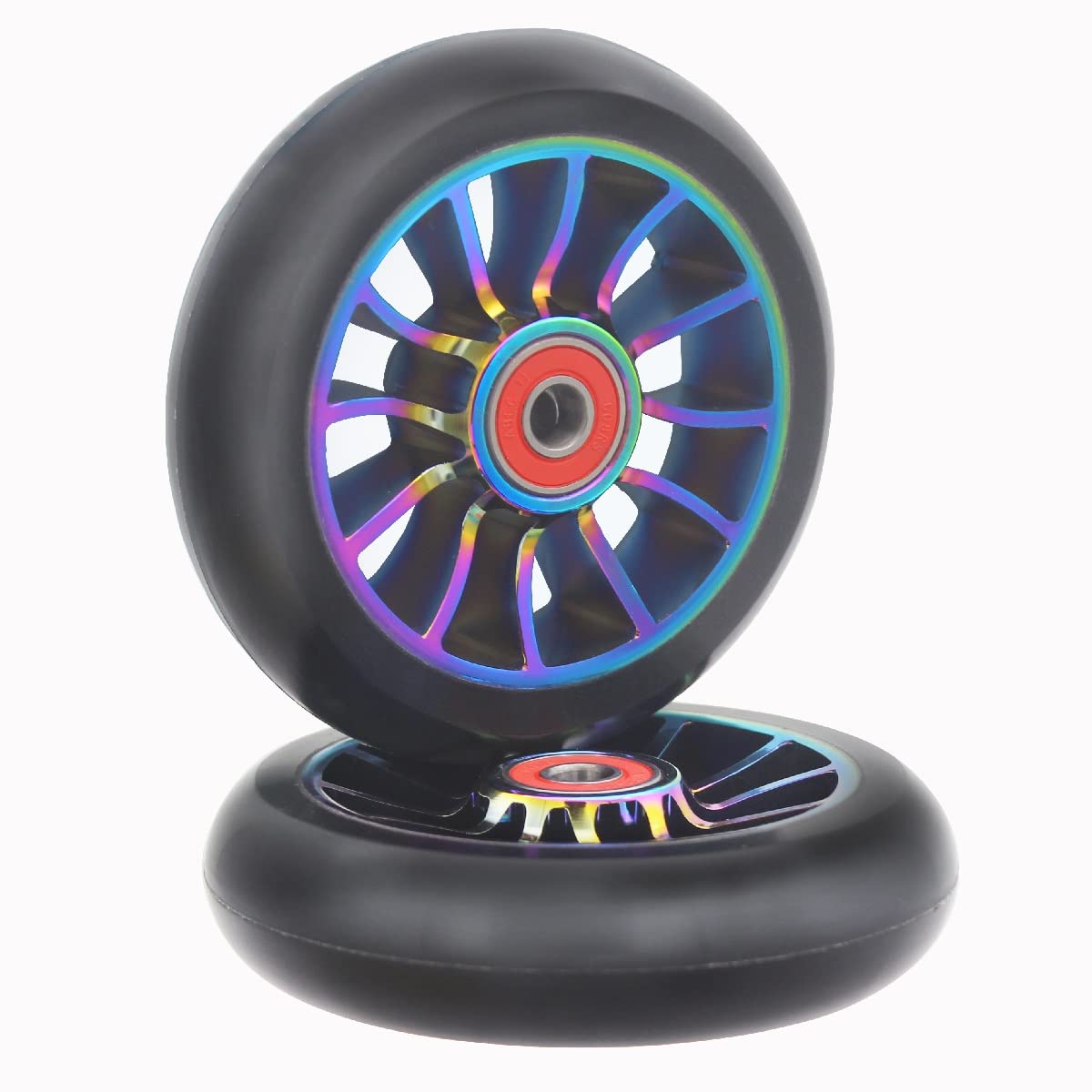 aibiku 2pcs Replacement 100mm Stunt Scooter Wheels with Abec-11 Bearings fit for TBF/Fuzion/BoldCube/Land Surfer Stunt Scooters (Colorful/Black)
