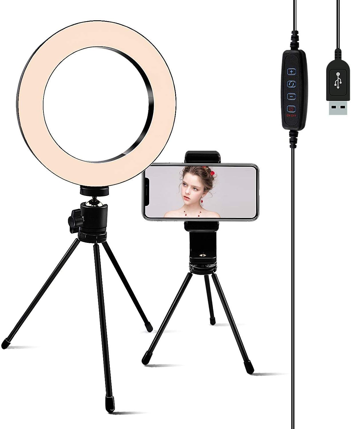 6.3" Selfie Ring Light with Tripod Stand,Juhefa LED Camera Light with Cell Phone Holder for YouTube Video,Makeup,Desktop LED Lamp Compatible with iPhone & Android.Camera & Phone (3-Light Mode)