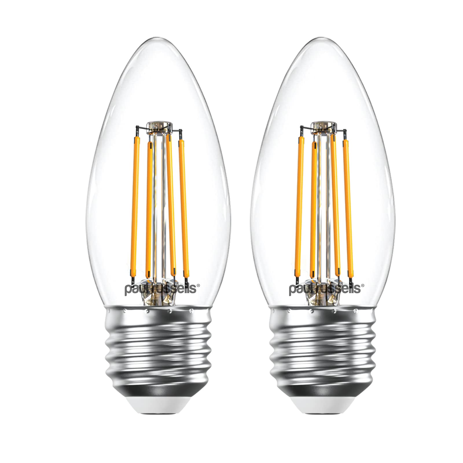 paul russells LED Candle Filament Light – 4.5W 40W Equivalent Replacement, 470LM Lumens, 2700K Warm White, ES E27 Edison Screw C35 Bulbs – Bright Energy Saving Non-Dimmable Lamps - 2 Pack